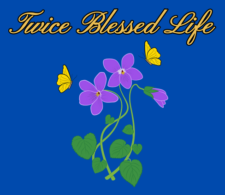 purple flowers with heart shaped leaves on navy blue background with "Twice Blessed Life" in gold letters above it, and 2 yellow butterflies flittering around the flowers.